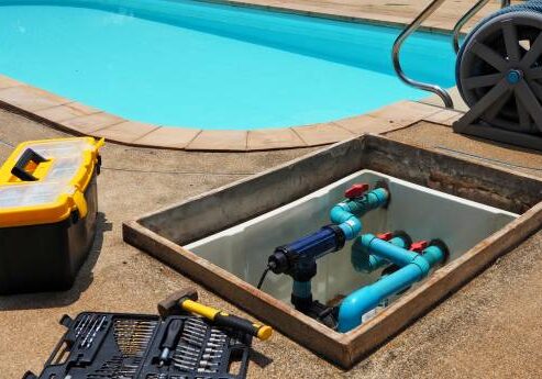 Tools and equipment for fixing swimming pool water pump. Service and maintenance for swimming pool.