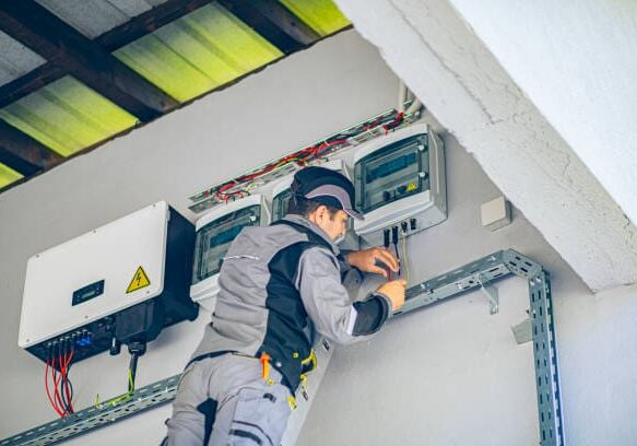 Male electrician making sure all the wires are set in place in solar inverter